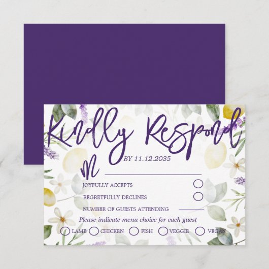 Boho Lila Lavender & Lemons Wedding RSVP Karte (Vorne/Hinten)