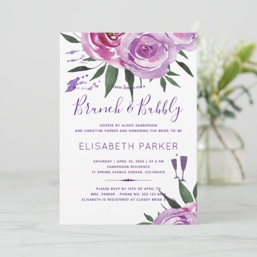 Boho lila mauve chic peonies brunch and bubble einladung (Stehend Vorderseite)