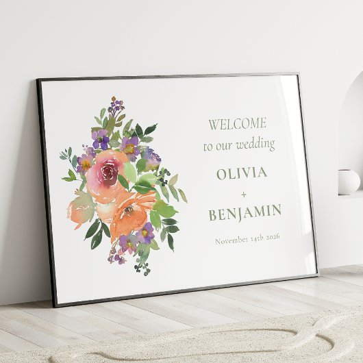 Boho Lila Orange Floral Wedding Welcome Poster
