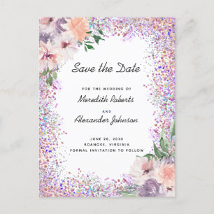 Boho Lila Pfirsich Blumen Glitter Save the Date An Ankündigungspostkarte