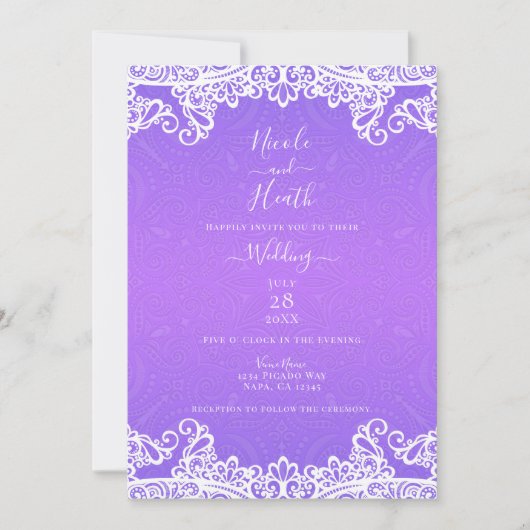 Boho Lila Pink White Lace Bold Muster Hochzeit Einladung (Vorderseite)