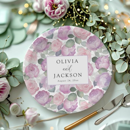 Boho Lila & Rosa Aquarell Blumenhochzeit Pappteller
