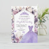 Boho Lila Silver Floral Prinzessin Quinceañera Einladung (Stehend Vorderseite)