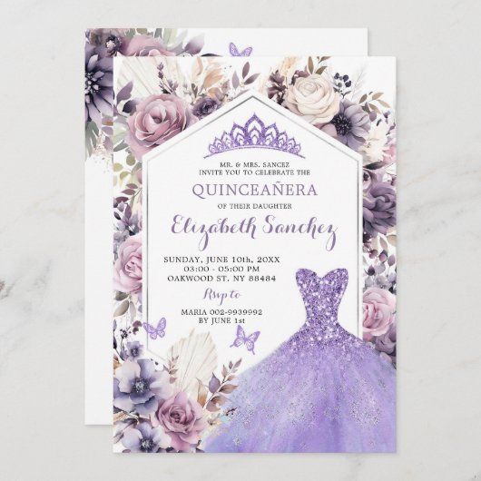 Boho Lila Silver Floral Prinzessin Quinceañera Einladung (Vorne/Hinten)