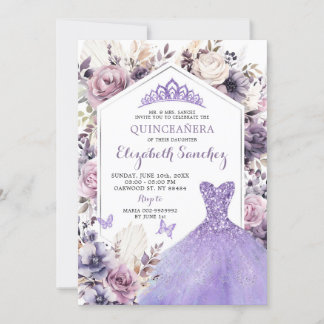 Boho Lila Silver Floral Prinzessin Quinceañera Einladung
