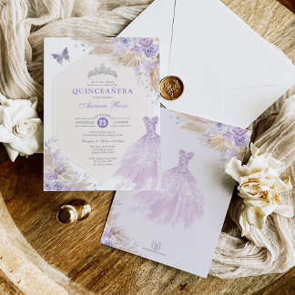 Boho Lila Silver Rose Quinceañera Mis Quince 15 Einladung