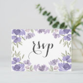 Boho Lila Watercolor Floral Wedding RSVP Karte (Stehend Vorderseite)