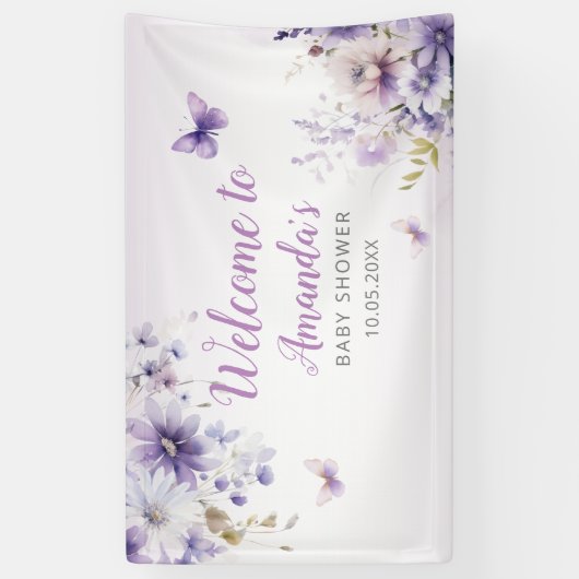 Boho Lila Wildblume Butterfly Girl Babydusche Banner (Vertikal)