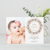 Boho Lila Wildblumen Foto Taufe Einladung (Stehend Vorderseite)