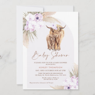 Boho Lilac Floral Arch Highland Cow Baby Shower Einladung