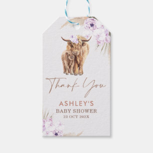 Boho Lilac Floral Arch Highland Cow Baby Shower Geschenkanhänger