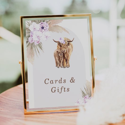 Boho Lilac Floral Highland Cow Baby Shooting Sign Fotodruck