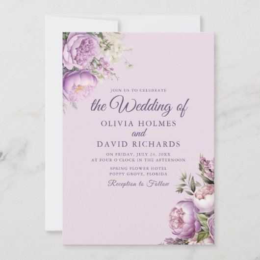Boho Lilac Peonies Wedding Einladung (Vorderseite)