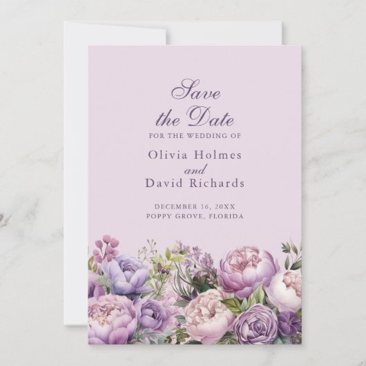 Boho Lilac und Lila Peonies Save the Date Card (Vorderseite)