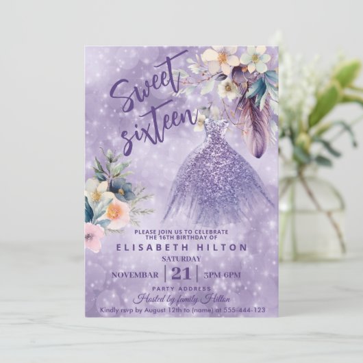 Boho Lilac Wild Blume Glitzer Kleid 16 . Geburtsta Einladung