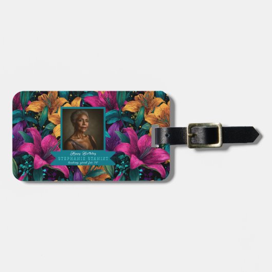 Boho Lilien Blumen Luxus Geburtstagsfeier Gepäckanhänger (Vorderseite horizontal)