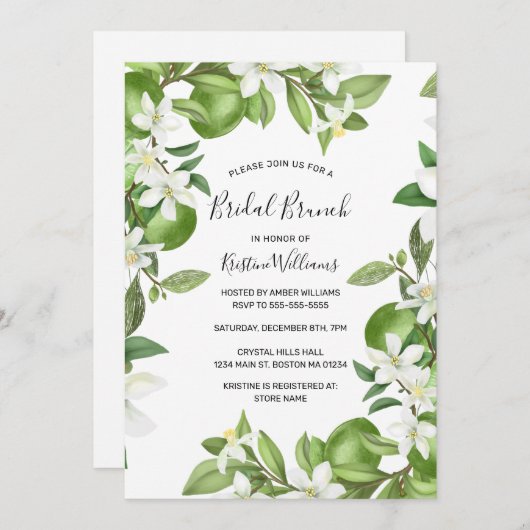 Boho Limes Watercolor White Floral Bridal Brunch Einladung (Vorne/Hinten)