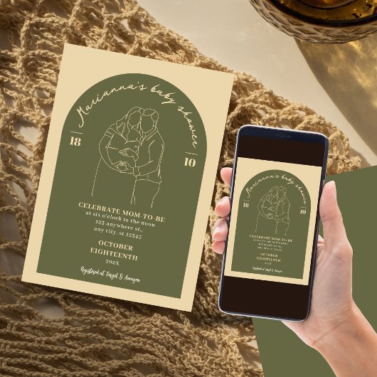 Boho Line Green Art Baby Dusche Minimalistisch Einladung