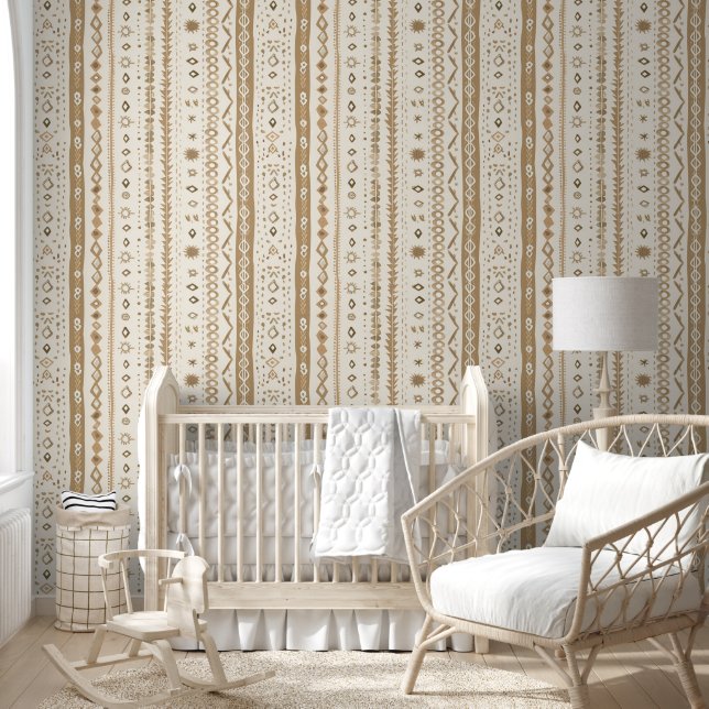Boho-Linienmuster und neutrale braune Ornamente Tapete (Kinder)
