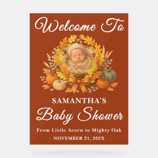 Boho Little Acorn Fall Baby Dusche Willkommen Acrylschild (Vorderseite)