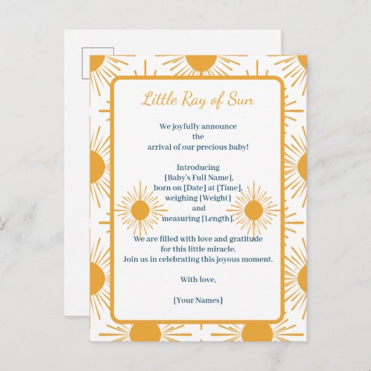 Boho Little Ray of Sun Birth Ankündigung (Vorne/Hinten)