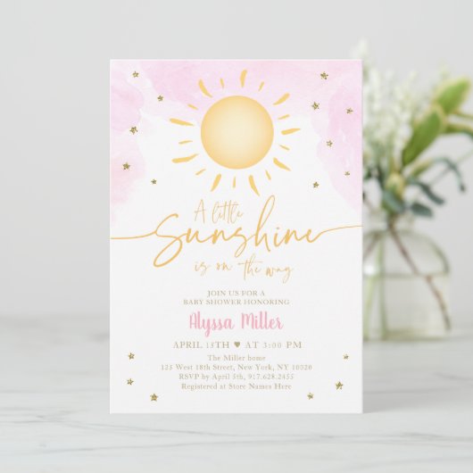Boho Little Sunshine Pink Gold Baby Dusche Einladung (Stehend Vorderseite)
