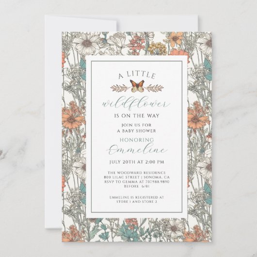 Boho Little Wildblume Girl Babydusche Einladung (Vorderseite)