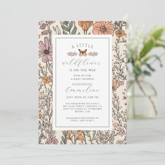 Boho Little Wildblume Girl Babydusche Einladung (Stehend Vorderseite)