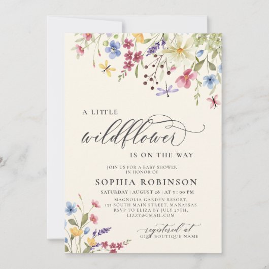 Boho Little Wildblume Script Beige Babydusche Einladung (Vorderseite)