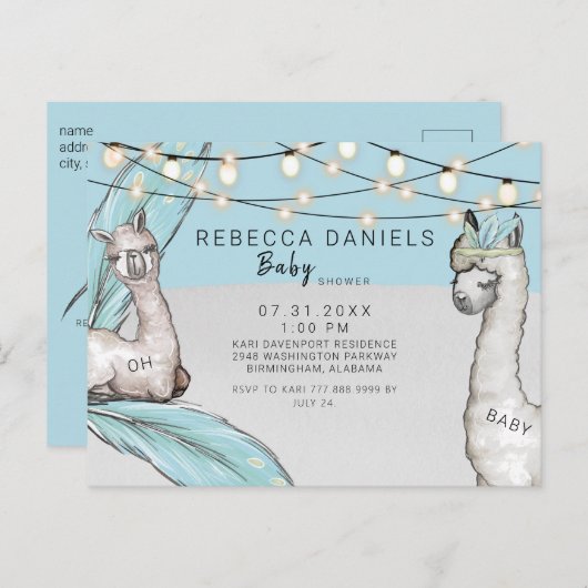 Boho Llama Feather Oh Baby Boy Shower Ankündigung (Vorne/Hinten)