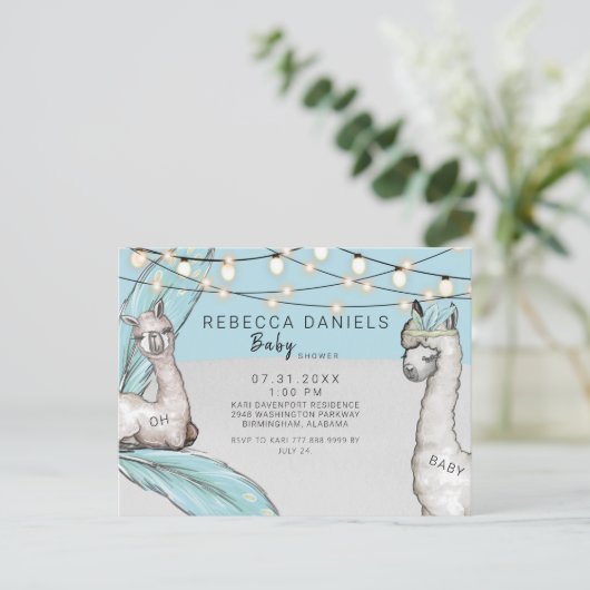Boho Llama Feather Oh Baby Boy Shower Ankündigung (Stehend Vorderseite)
