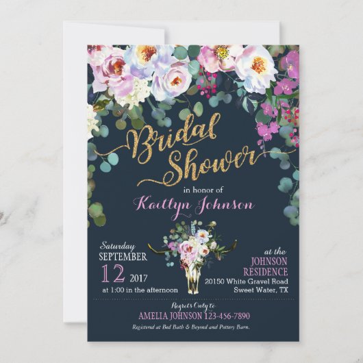 Boho Longhorn Kuh Skull Floral Brautparty Einladung (Vorderseite)