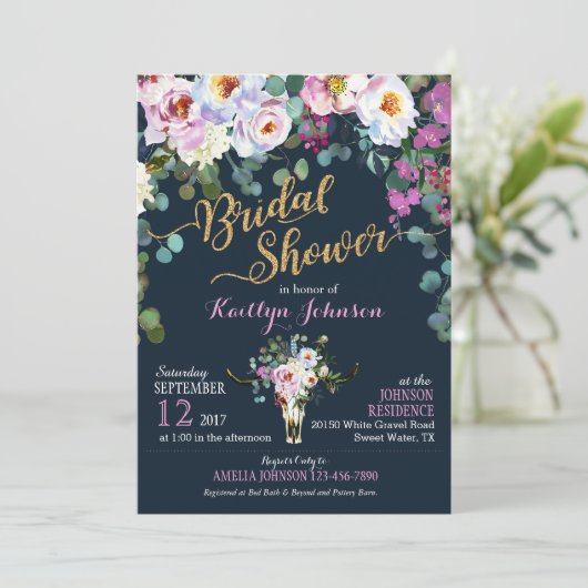 Boho Longhorn Kuh Skull Floral Brautparty Einladung (Stehend Vorderseite)