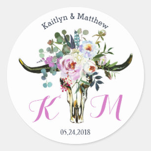 Boho Longhorn Skull Floral Modern Wedding Label Runder Aufkleber
