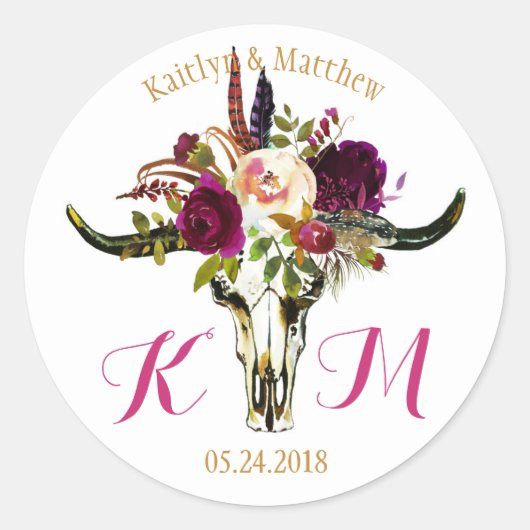 Boho Longhorn Skull Floral Modern Wedding Label Runder Aufkleber (Vorderseite)
