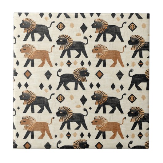 Boho-Löwen-Tribal-Safari-Muster Fliese (Vorderseite)