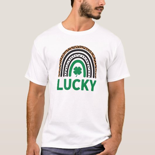Boho Lucky Regenbogen Shamrock Leopard Grafik T-Shirt (Vorderseite)