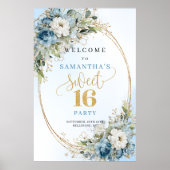 Boho Luxus Hellblau Blumen Gold Sweet 16 Schild (Vorne)