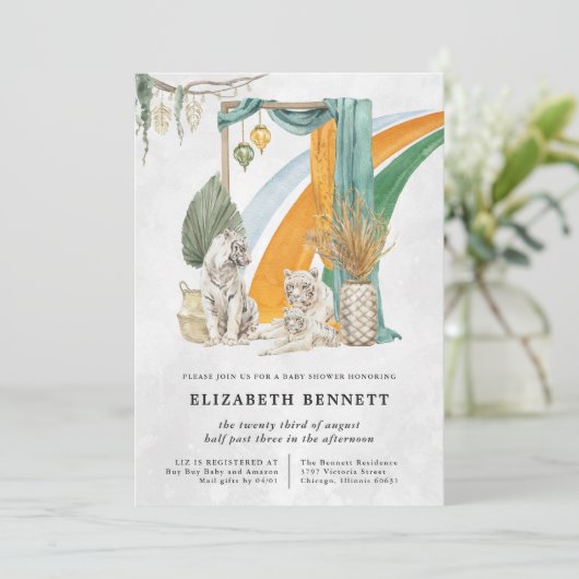 Boho Macrame Tiger Greenery | Babydusche Einladung (Stehend Vorderseite)