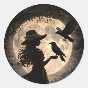 Boho-Mädchen mit Rabe und Vollmond Runder Aufkleber