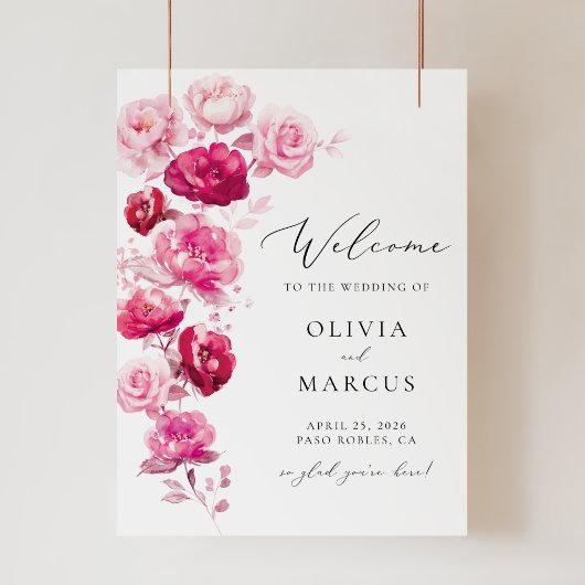 Boho Magenta Hot Pink Floral Wedding Begrüßungszei Poster