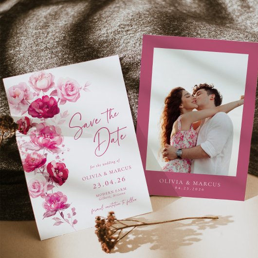 Boho Magenta Hot Pink Rose Floral Wedding Foto Save The Date