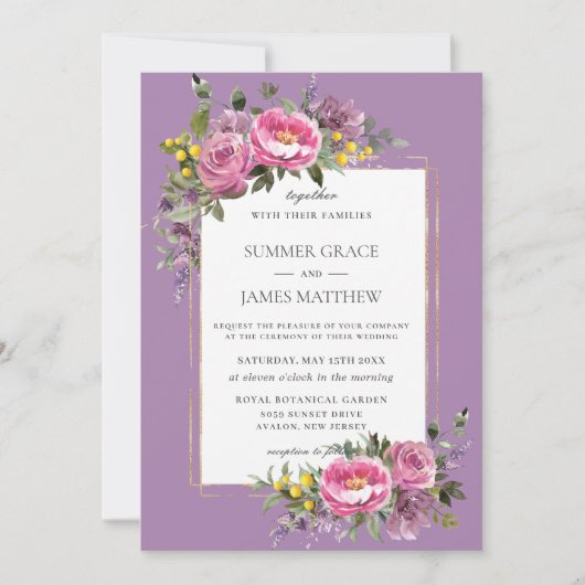 Boho Magenta Pink Lavender Lila Grüne Hochzeit Einladung (Vorderseite)