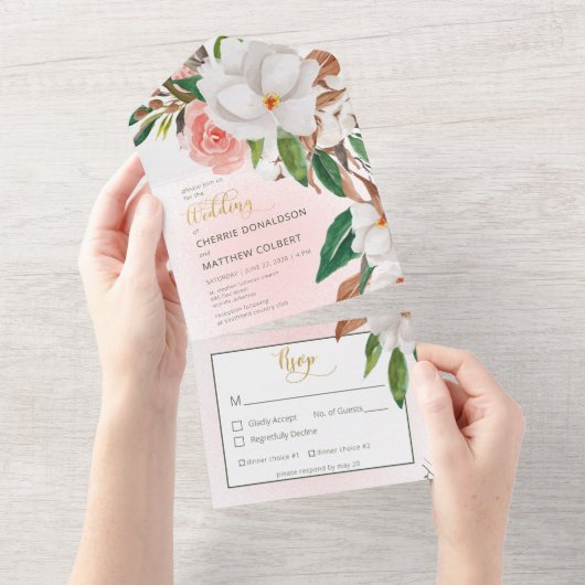 Boho Magnolia Floral & Cotton Pink Abendessen All In One Einladung (Abreißen)