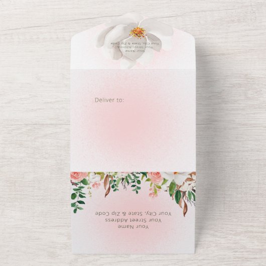 Boho Magnolia Floral & Cotton Pink QR Code All In One Einladung (Außenbereich)