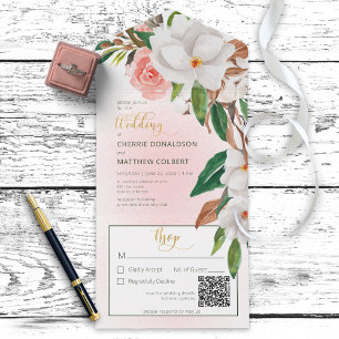 Boho Magnolia Floral & Cotton Pink QR Code All In One Einladung