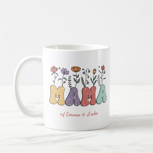 Boho Mama Text mit Blume und Kid-Namen Kaffeetasse (Links)