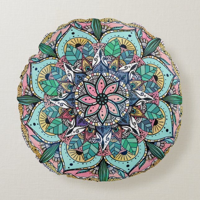 Boho Mandala Colorful Watercolor Floral Rundes Kissen (Vorderseite)