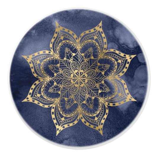 Boho Mandala Gold Navy Blue Ink Texture Keramikknauf (Vorderseite)