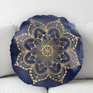 Boho Mandala Gold Navy Blue Ink Texture Rundes Kissen